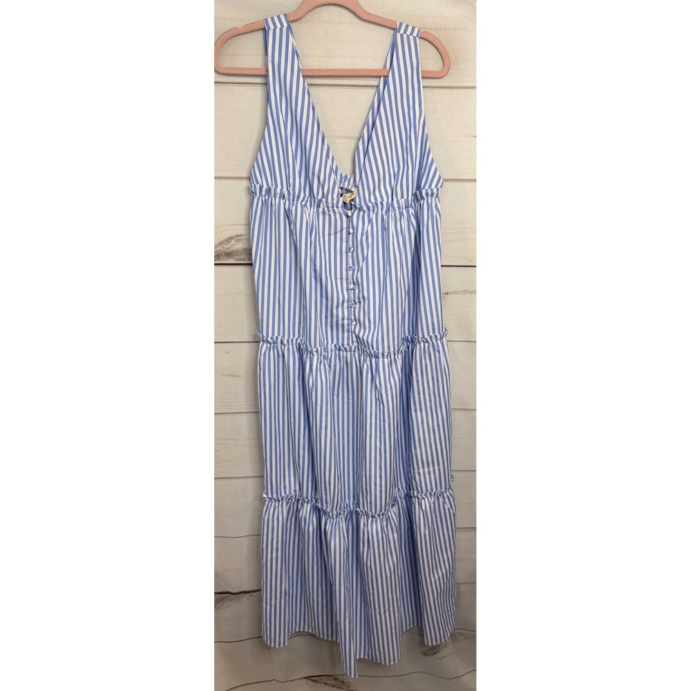 Vine & Love Blue White Striped Tiered Maxi Dress V-Neck VD60005 Mens M